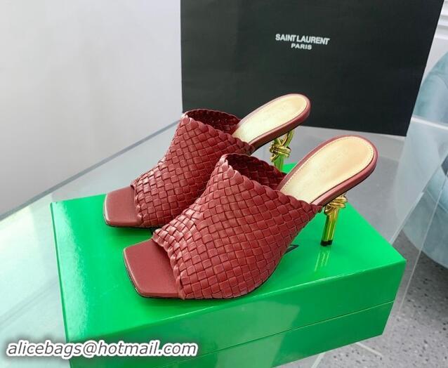 Sumptuous Bottega Veneta Knot Heel Slide Sandals 9cm in Intreccio Leather Red 322012