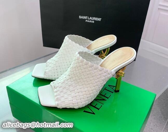 Luxury Cheap Bottega Veneta Knot Heel Slide Sandals 9cm in Intreccio Leather White 322013