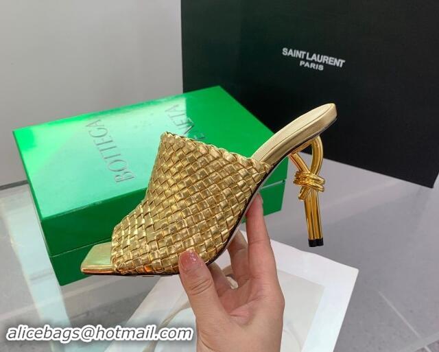 Luxury Bottega Veneta Knot Heel Slide Sandals 9cm in Intreccio Leather Gold 322014