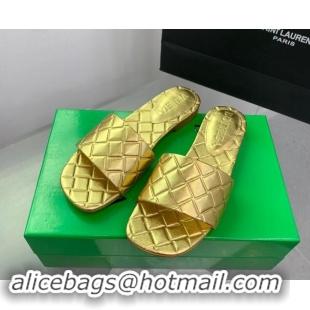 Classic Hot Bottega Veneta Amy Flat Slide Sandals in Lambskin Gold 430163