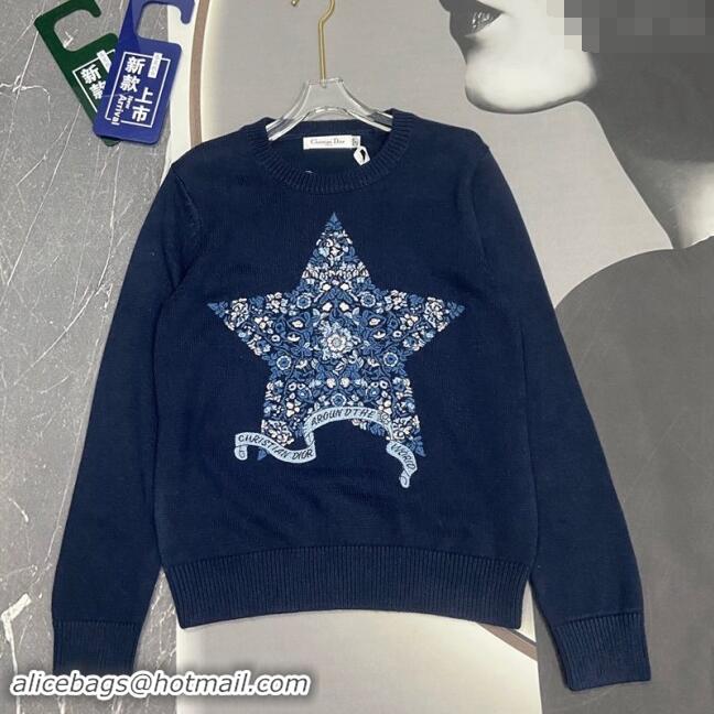 Top Design Dior Star Embroidered Sweater 1025 Navy Blue 2024