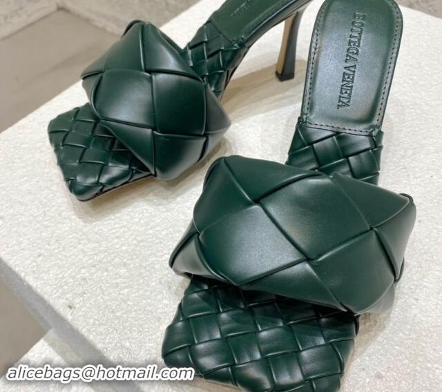 Best Grade Bottega Veneta Lido Heel Slide Sandals 9.5cm in Intrecciato Leather Dark Green 430176