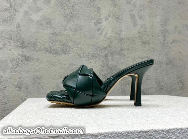 Best Grade Bottega Veneta Lido Heel Slide Sandals 9.5cm in Intrecciato Leather Dark Green 430176