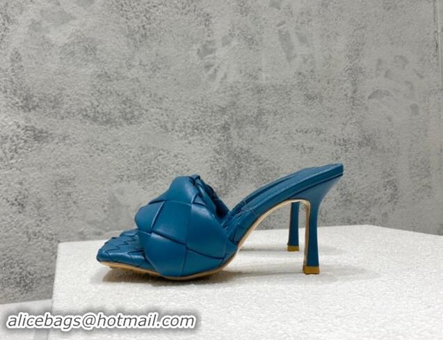 Stylish Bottega Veneta Lido Heel Slide Sandals 9.5cm in Intrecciato Leather Dark Blue 430177