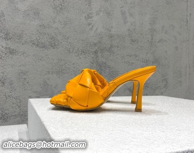 Sumptuous Bottega Veneta Lido Heel Slide Sandals 9.5cm in Intrecciato Leather Orange Yellow 430178