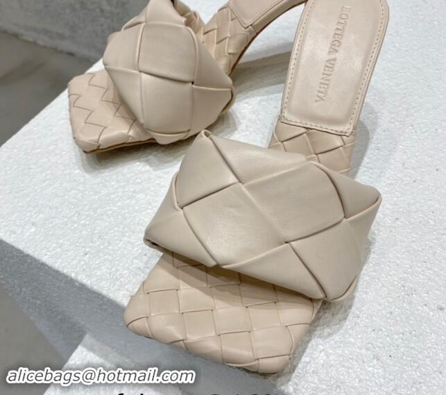 Best Price Bottega Veneta Lido Heel Slide Sandals 9.5cm in Intrecciato Leather Cream White 430181