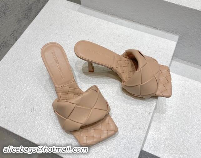 Classic Hot Bottega Veneta Lido Heel Slide Sandals 9.5cm in Intrecciato Leather Rose Beige 430186