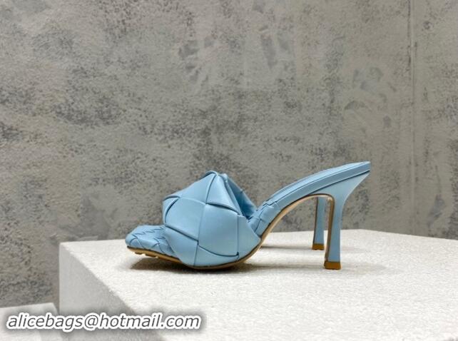 Perfect Bottega Veneta Lido Heel Slide Sandals 9.5cm in Intrecciato Leather light Blue 430188