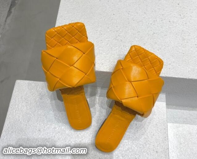 Good Quality Bottega Veneta Lido Flat Slide Sandals in Intrecciato Leather Orange Yellow 430191