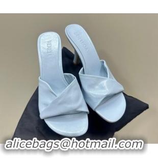 Top Design Bottega Veneta Blink Heel Slide Sandals 9.5cm in Shiny Lambskin Light Blue 629028