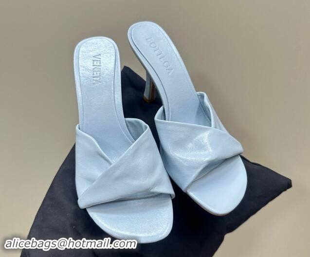 Top Design Bottega Veneta Blink Heel Slide Sandals 9.5cm in Shiny Lambskin Light Blue 629028