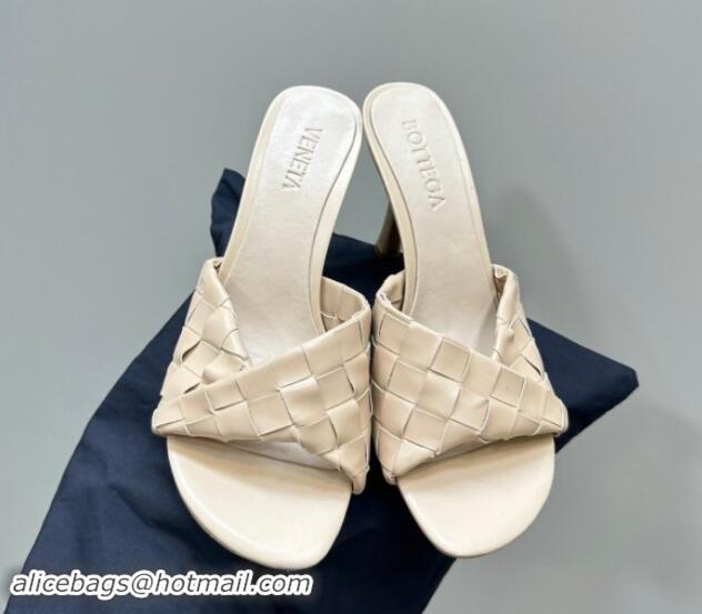 Luxury Cheap Bottega Veneta Blink Heel Slide Sandals 9.5cm in Intrecciato Leather Beige 629031