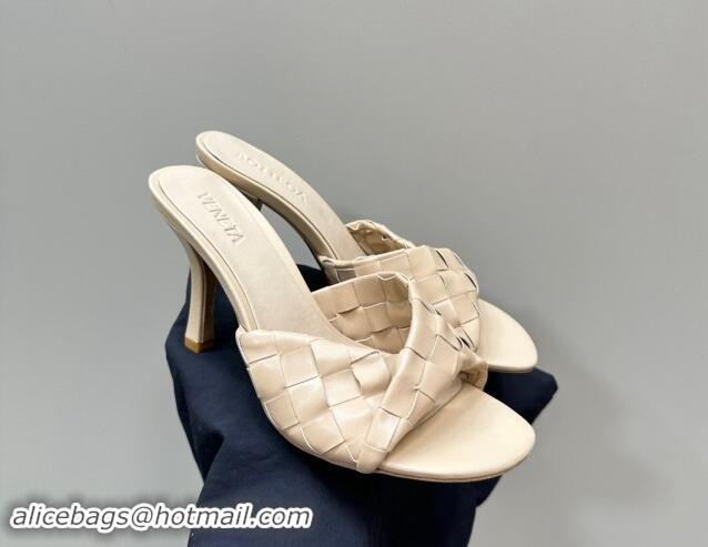 Luxury Cheap Bottega Veneta Blink Heel Slide Sandals 9.5cm in Intrecciato Leather Beige 629031