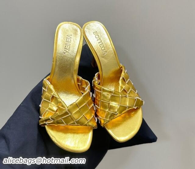 Sumptuous Bottega Veneta Blink Heel Slide Sandals 9.5cm in Intrecciato Leather Gold 629034