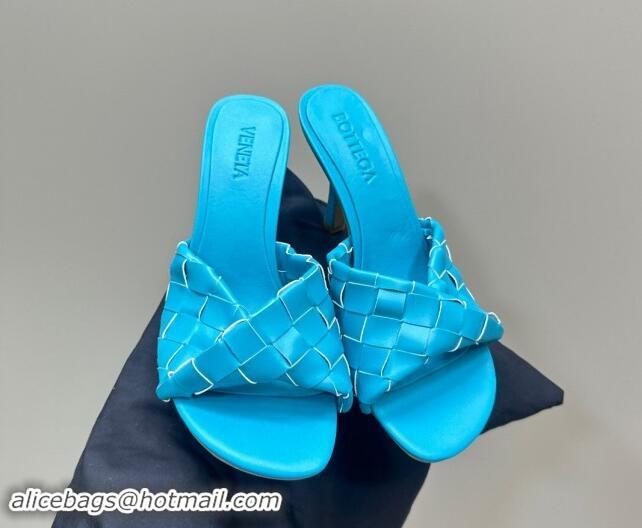 Popular Style Bottega Veneta Blink Heel Slide Sandals 9.5cm in Intrecciato Leather Blue 629035