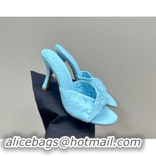 Lower Price Bottega Veneta Blink Heel Slide Sandals 9.5cm in Intrecciato Leather Light Blue 629036