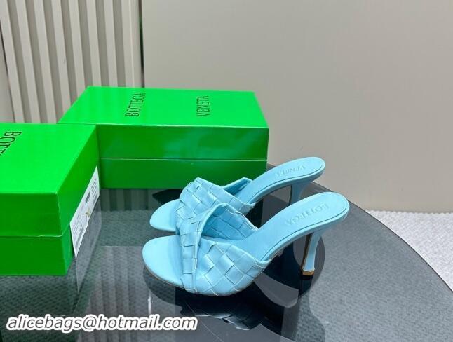 Lower Price Bottega Veneta Blink Heel Slide Sandals 9.5cm in Intrecciato Leather Light Blue 629036