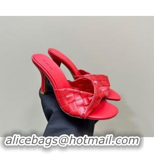 Luxury Discount Bottega Veneta Blink Heel Slide Sandals 9.5cm in Intrecciato Leather Red 629038