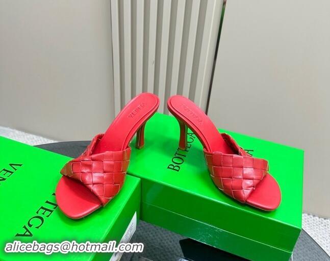 Luxury Discount Bottega Veneta Blink Heel Slide Sandals 9.5cm in Intrecciato Leather Red 629038