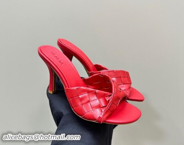 Luxury Discount Bottega Veneta Blink Heel Slide Sandals 9.5cm in Intrecciato Leather Red 629038