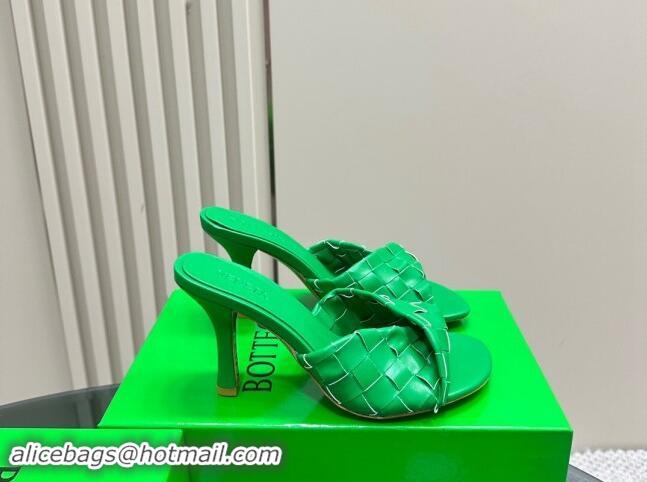 Luxury Bottega Veneta Blink Heel Slide Sandals 9.5cm in Intrecciato Leather Green 629039