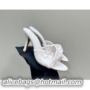 Best Grade Bottega Veneta Blink Heel Slide Sandals 9.5cm in Intrecciato Leather White 629040