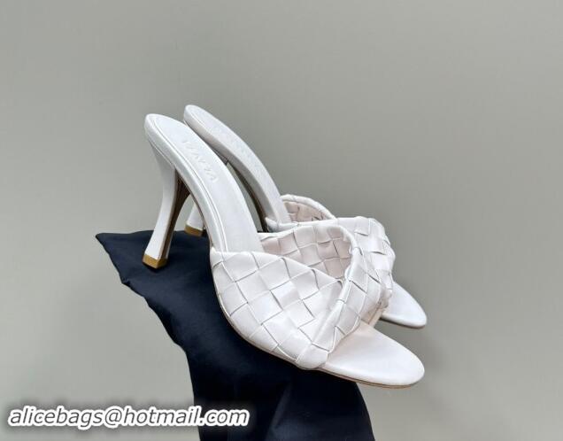 Best Grade Bottega Veneta Blink Heel Slide Sandals 9.5cm in Intrecciato Leather White 629040