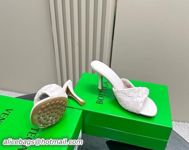 Best Grade Bottega Veneta Blink Heel Slide Sandals 9.5cm in Intrecciato Leather White 629040