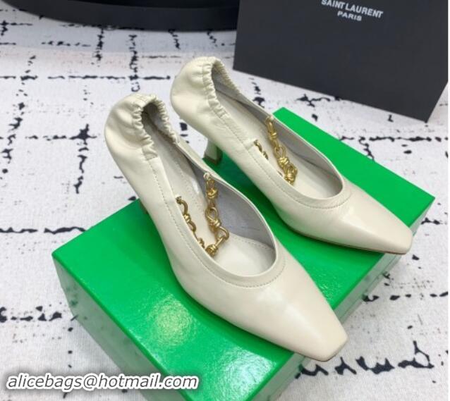 Good Product Bottega Veneta Sharp Chain Pumps 6cm in Shiny Crinkled leather Sea Salt White 719066