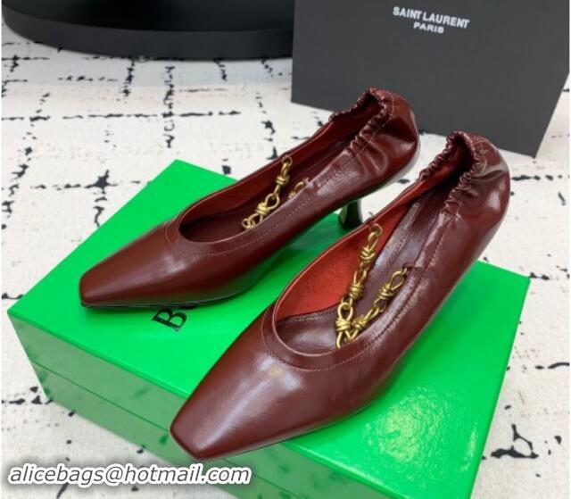 Luxurious Bottega Veneta Sharp Chain Pumps 6cm in Shiny Crinkled leather Dark Burgundy 0719068