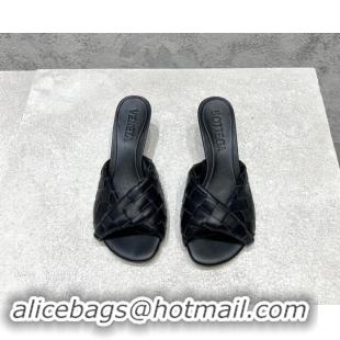 Good Quality Bottega Veneta Blink Heel Slide Sandals 4.5cm in Intrecciato Leather Black 719070