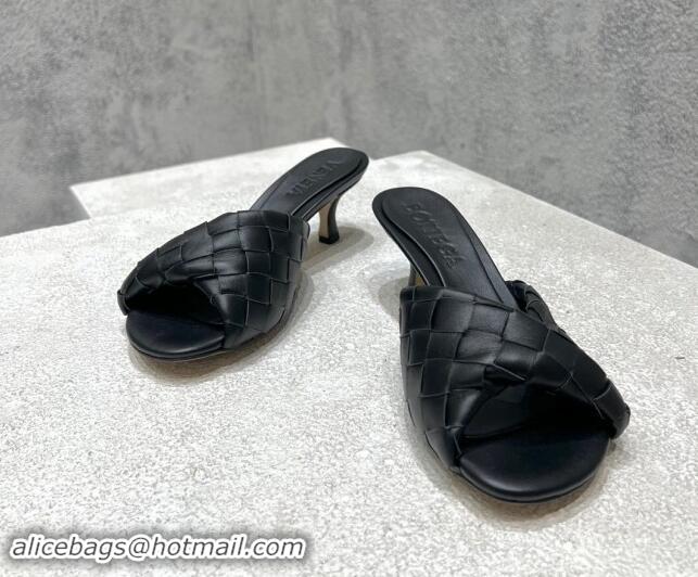 Good Quality Bottega Veneta Blink Heel Slide Sandals 4.5cm in Intrecciato Leather Black 719070