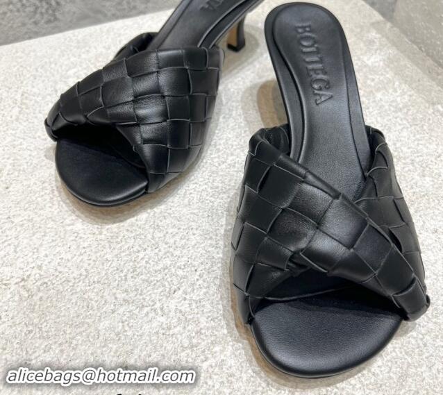 Good Quality Bottega Veneta Blink Heel Slide Sandals 4.5cm in Intrecciato Leather Black 719070