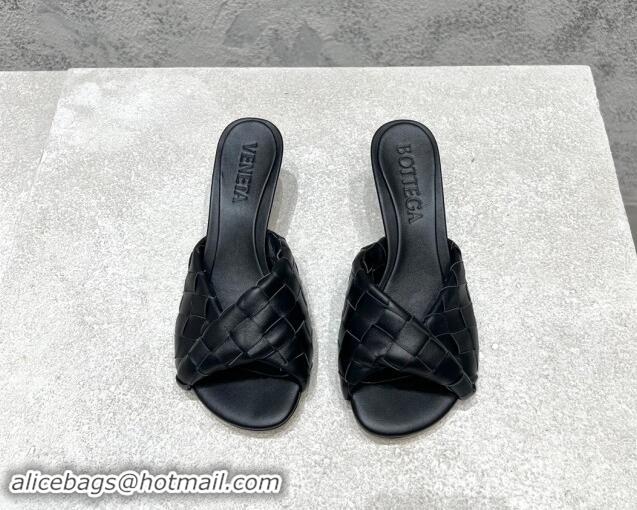 Good Quality Bottega Veneta Blink Heel Slide Sandals 4.5cm in Intrecciato Leather Black 719070