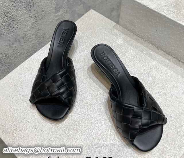 Good Quality Bottega Veneta Blink Heel Slide Sandals 4.5cm in Intrecciato Leather Black 719070