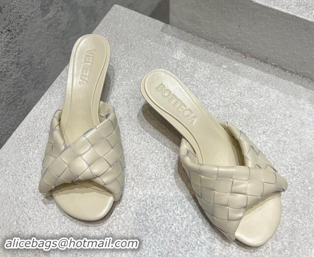 Good Quality Bottega Veneta Blink Heel Slide Sandals 4.5cm in Intrecciato Leather Sea Salt White 719071