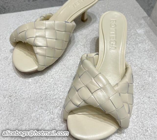 Good Quality Bottega Veneta Blink Heel Slide Sandals 4.5cm in Intrecciato Leather Sea Salt White 719071