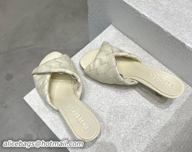 Good Quality Bottega Veneta Blink Heel Slide Sandals 4.5cm in Intrecciato Leather Sea Salt White 719071