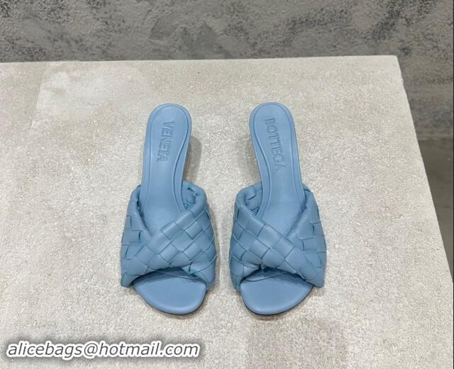 Good Looking Bottega Veneta Blink Heel Slide Sandals 4.5cm in Intrecciato Leather Light Blue 719072