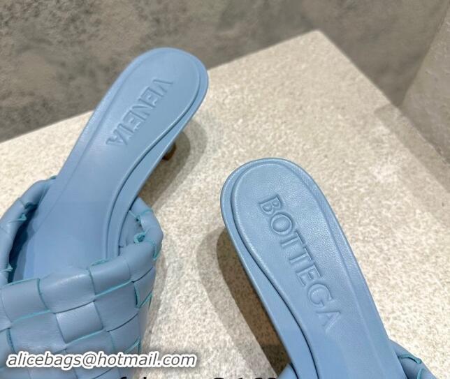 Good Looking Bottega Veneta Blink Heel Slide Sandals 4.5cm in Intrecciato Leather Light Blue 719072