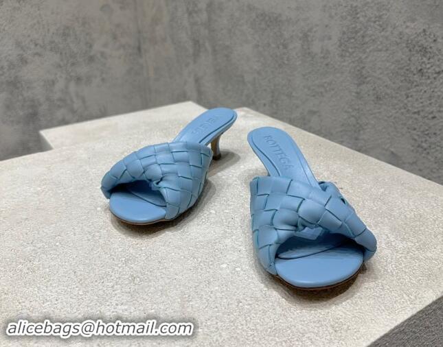 Good Looking Bottega Veneta Blink Heel Slide Sandals 4.5cm in Intrecciato Leather Light Blue 719072