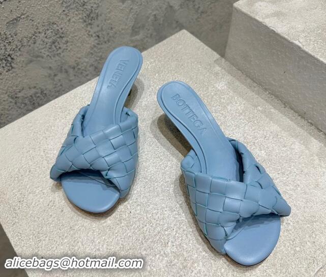 Good Looking Bottega Veneta Blink Heel Slide Sandals 4.5cm in Intrecciato Leather Light Blue 719072