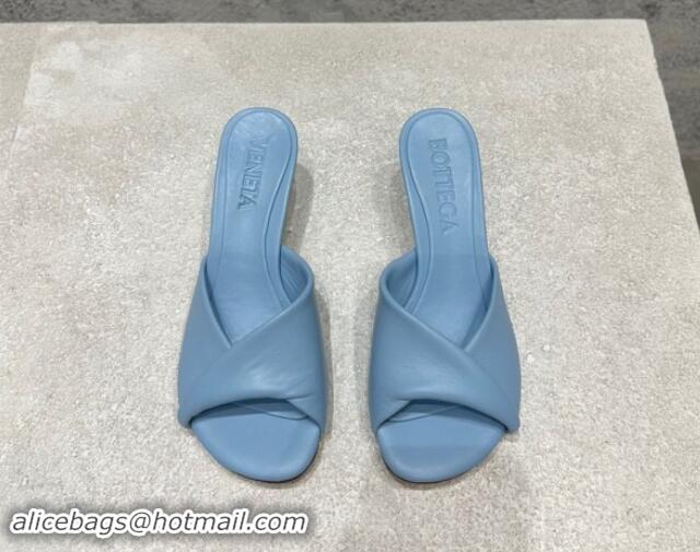 Stylish Bottega Veneta Blink Heel Slide Sandals 4.5cm in Shiny Lambskin Light Blue 719075