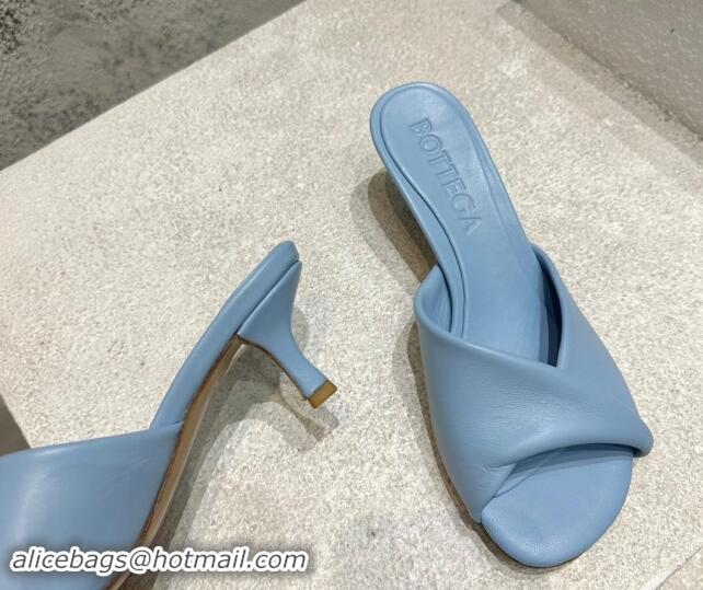 Stylish Bottega Veneta Blink Heel Slide Sandals 4.5cm in Shiny Lambskin Light Blue 719075