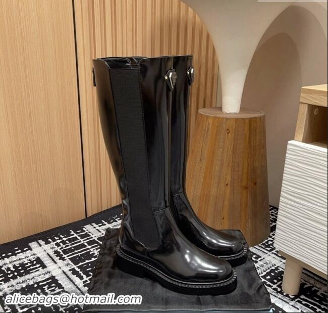 ​Top Grade Prada Brushed Leather High Boots with Front Logo PR101101 Black 2024