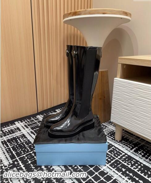 ​Top Grade Prada Brushed Leather High Boots with Front Logo PR101101 Black 2024