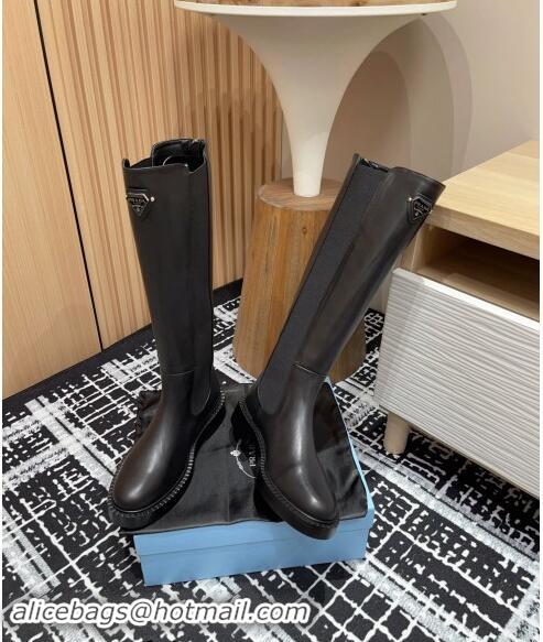 New Design Prada Calf Leather High Boots with Front Logo PR101101 Black 2024