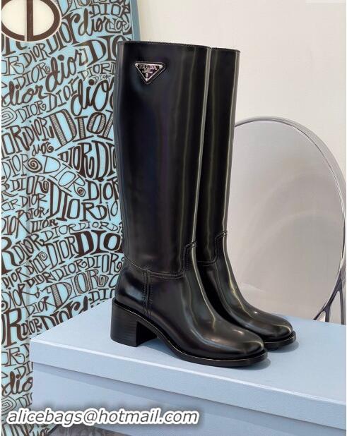 ​Luxury Discount Prada Brushed Leather High Boots P102902 Black 2024