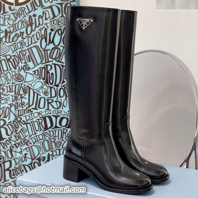 ​Luxury Discount Prada Brushed Leather High Boots P102902 Black 2024