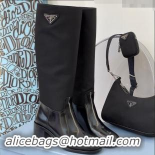 ​Top Design Prada Brushed Leather and Nylon High Boots P102903 Black 2024